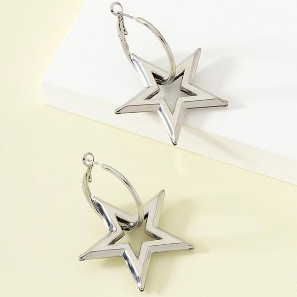 3for$20 silver Hoop Earrings Three-Dimensional Five-Pointed Star Earrings - Picture 2 of 4